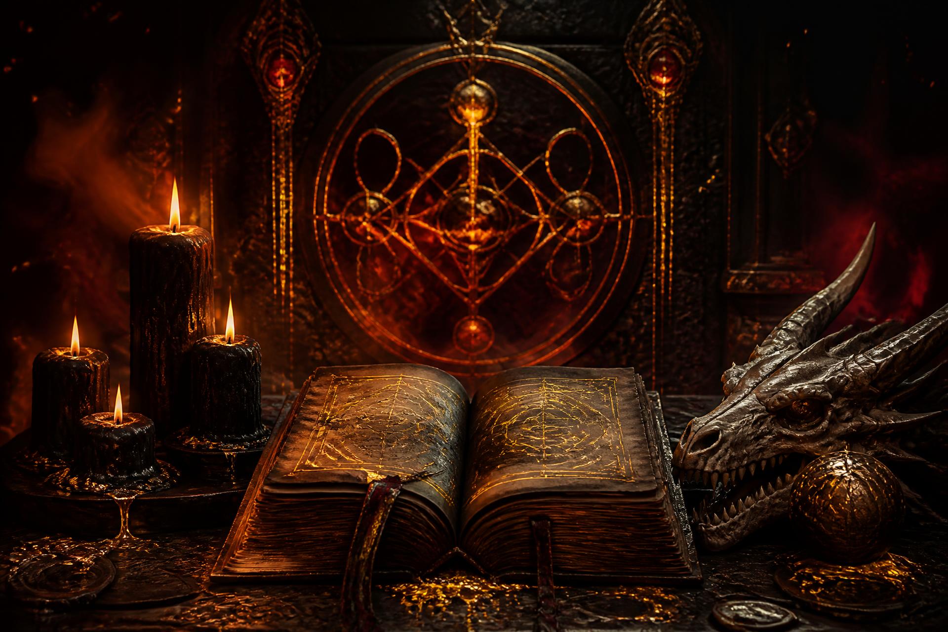 Altar ritualístico com grimório aberto, velas, cristais e lua crescente