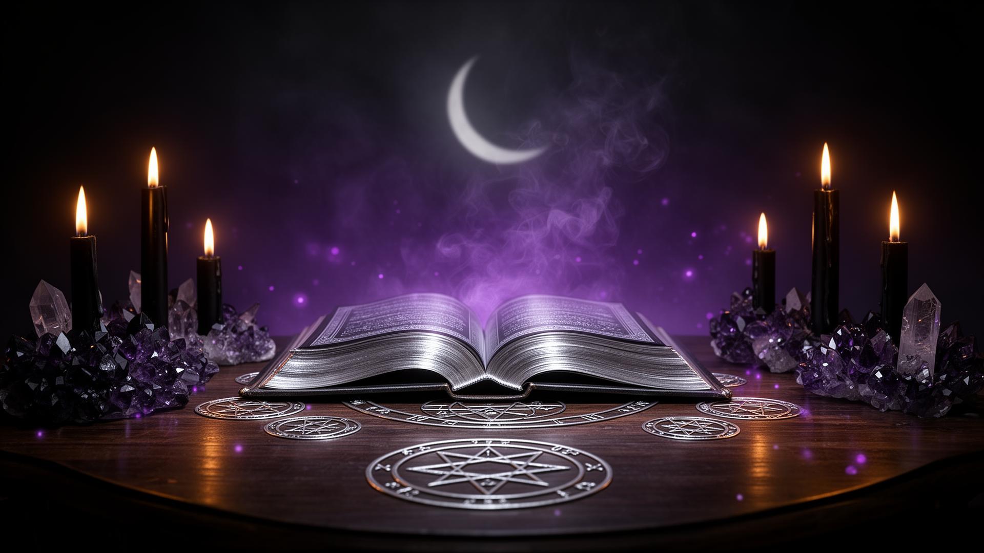 Altar ritualístico com grimório aberto, velas, cristais e lua crescente